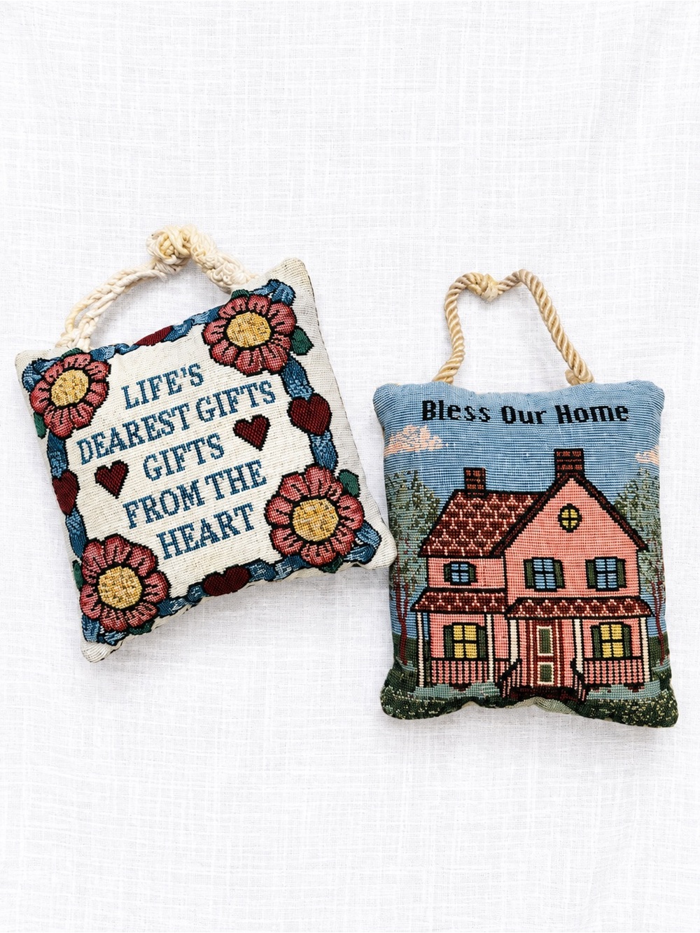 Vintage 5” Tapestry Pillow Ornaments Set of 2 Bless Our Home Folk Art